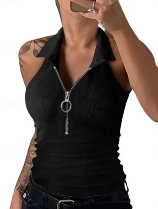 Clearance Women's Camisole Tank Top Solid Color Modern Casual Sleeveless Shirt Collar Regular Tops Daily Zipper Black Wine Blue Brown Green Summer Women Tank Tops & Camis