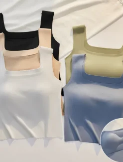 Online Women's Camisole Tank Top Basic Sleeveless Regular Tops Square Neck Black White Blue Green Beige Summer Women Tank Tops & Camis