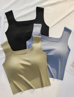 Online Women's Camisole Tank Top Basic Sleeveless Regular Tops Square Neck Black White Blue Green Beige Summer Women Tank Tops & Camis