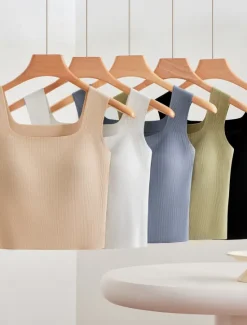 Online Women's Camisole Tank Top Basic Sleeveless Regular Tops Square Neck Black White Blue Green Beige Summer Women Tank Tops & Camis
