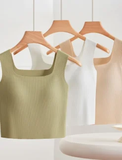 Online Women's Camisole Tank Top Basic Sleeveless Regular Tops Square Neck Black White Blue Green Beige Summer Women Tank Tops & Camis