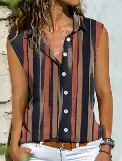 Discount Women's Camisole Tank Top Striped Daily Casual Sleeveless V Neck Regular Tops Daily Buttons Print Yellow Red Blue Summer Spring Women Tank Tops & Camis
