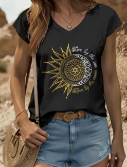 Clearance Women's Camisole Tank Top Graphic Geometric Moon Vintage Stylish Classic Sleeveless Short Sleeve V Neck Regular Tops Daily Vacation Wear Print Black White Yellow Red Blue Summer Spring Women Tank Tops & Camis