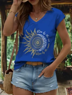 Clearance Women's Camisole Tank Top Graphic Geometric Moon Vintage Stylish Classic Sleeveless Short Sleeve V Neck Regular Tops Daily Vacation Wear Print Black White Yellow Red Blue Summer Spring Women Tank Tops & Camis