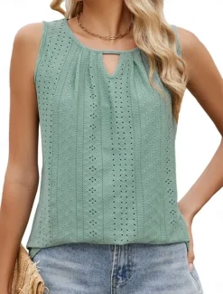 Women's Camisole Tank Top Solid Color Stylish Casual Sleeveless Crew Neck Regular Tops Daily Eyelet Black White Pink Green Summer Women Tank Tops & Camis