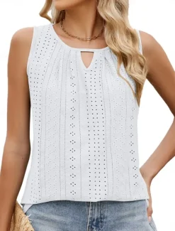 Women's Camisole Tank Top Solid Color Stylish Casual Sleeveless Crew Neck Regular Tops Daily Eyelet Black White Pink Green Summer Women Tank Tops & Camis