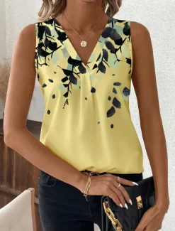 Online Women's Camisole Tank TopGraphic Geometric Stylish Casual Sleeveless V Neck Regular Tops Daily Print Black Yellow Summer Women Tank Tops & Camis