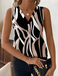 Online Women's Camisole Tank TopGraphic Geometric Stylish Casual Sleeveless V Neck Regular Tops Daily Print Black Yellow Summer Women Tank Tops & Camis