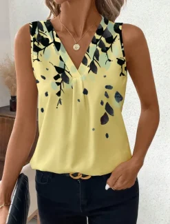 Online Women's Camisole Tank TopGraphic Geometric Stylish Casual Sleeveless V Neck Regular Tops Daily Print Black Yellow Summer Women Tank Tops & Camis