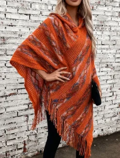 Hot Women's Cape Casual Striped V Neck Hooded Tassel Sleeveless Long Tops Knit Formal Outdoor Going out Red Brown White Fall Winter Women Shrugs & Capes
