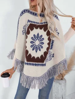 Hot Women's Cape Daily Casual Graphic Geometric Print Boat Neck Knitted Long Sleeve Regular Tops Knit Home Work Black Beige Fall Winter Women Shrugs & Capes