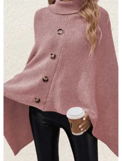 Clearance Women's Cape Daily Casual Solid Color Turtleneck Knitted 3/4 Length Sleeve Regular Tops Knit Formal Outdoor Work Pink Brown Fall Winter Women Shrugs & Capes