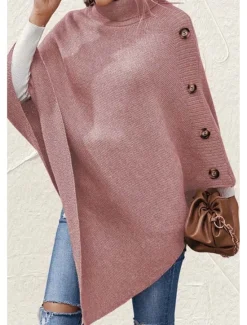 Clearance Women's Cape Daily Casual Solid Color Turtleneck Knitted 3/4 Length Sleeve Regular Tops Knit Formal Outdoor Work Pink Brown Fall Winter Women Shrugs & Capes