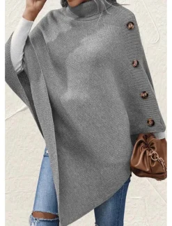 Clearance Women's Cape Daily Casual Solid Color Turtleneck Knitted 3/4 Length Sleeve Regular Tops Knit Formal Outdoor Work Pink Brown Fall Winter Women Shrugs & Capes
