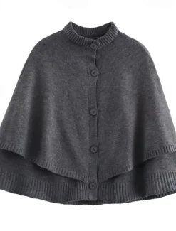 Sale Women's Cape Fashion Casual Soft Pure Color Ribbed Crew Neck Buttons Knitted Long Sleeve Regular Tops Knit Outdoor Daily Weekend Black White Fall Winter Women Shrugs & Capes