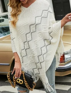 New Women's Cape Fashion Daily Geometric V Neck Beaded Tassel Sleeveless Regular Tops Knit Formal Outdoor Party White Red Fall Winter Women Shrugs & Capes