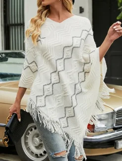 New Women's Cape Fashion Daily Geometric V Neck Beaded Tassel Sleeveless Regular Tops Knit Formal Outdoor Party White Red Fall Winter Women Shrugs & Capes