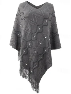 New Women's Cape Fashion Daily Geometric V Neck Beaded Tassel Sleeveless Regular Tops Knit Formal Outdoor Party White Red Fall Winter Women Shrugs & Capes