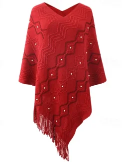 New Women's Cape Fashion Daily Geometric V Neck Beaded Tassel Sleeveless Regular Tops Knit Formal Outdoor Party White Red Fall Winter Women Shrugs & Capes