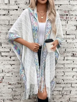 Women's Cape Fashion Daily Casual Graphic Hooded Tassel Sleeveless Long Tops Knit Formal Outdoor Weekend Black White Fall Winter Women Shrugs & Capes|Pullovers & Tops
