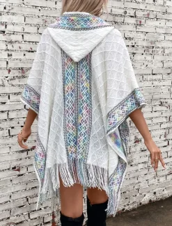 Women's Cape Fashion Daily Casual Graphic Hooded Tassel Sleeveless Long Tops Knit Formal Outdoor Weekend Black White Fall Winter Women Shrugs & Capes|Pullovers & Tops