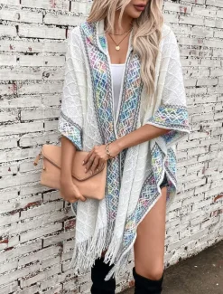 Women's Cape Fashion Daily Casual Graphic Hooded Tassel Sleeveless Long Tops Knit Formal Outdoor Weekend Black White Fall Winter Women Shrugs & Capes|Pullovers & Tops