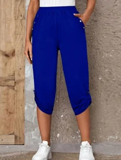 Online Women's Capri Pants Chinos Fashion Streetwear Casual Calf-Length High Waist Plain Pocket Elastic Waistband Comfy Soft Comfortable Micro-elastic Outdoor Street Blue Khaki Army Green Dark Gray Summer Women Pants