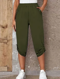Online Women's Capri Pants Chinos Fashion Streetwear Casual Calf-Length High Waist Plain Pocket Elastic Waistband Comfy Soft Comfortable Micro-elastic Outdoor Street Blue Khaki Army Green Dark Gray Summer Women Pants