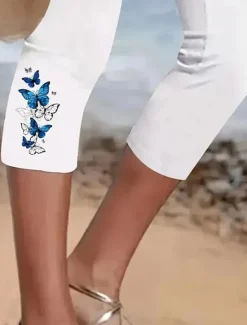 New Women's Capri Pants Leggings Vacation Vintage Fashion Calf-Length High Waist Graphic Butterfly Embroidered Pocket Printing Breathable Soft Stretchy Outdoor Vacation Street Black White Summer Spring Women Leggings