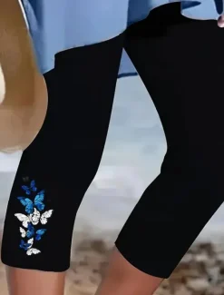 New Women's Capri Pants Leggings Vacation Vintage Fashion Calf-Length High Waist Graphic Butterfly Embroidered Pocket Printing Breathable Soft Stretchy Outdoor Vacation Street Black White Summer Spring Women Leggings