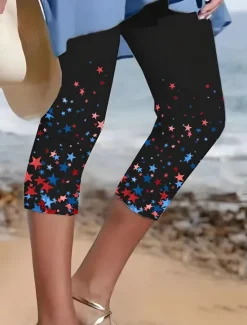 New Women's Capri Pants Leggings Vacation Vintage Fashion Calf-Length High WaistPantsAmerican Graphic Star Striped Printing Breathable Soft Stretchy Formal Outdoor Women Leggings|Independence Day Bottoms