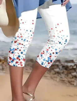New Women's Capri Pants Leggings Vacation Vintage Fashion Calf-Length High WaistPantsAmerican Graphic Star Striped Printing Breathable Soft Stretchy Formal Outdoor Women Leggings|Independence Day Bottoms
