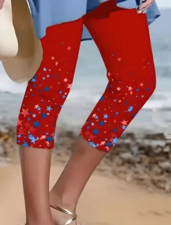 New Women's Capri Pants Leggings Vacation Vintage Fashion Calf-Length High WaistPantsAmerican Graphic Star Striped Printing Breathable Soft Stretchy Formal Outdoor Women Leggings|Independence Day Bottoms