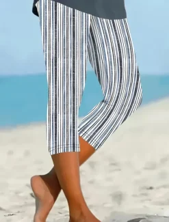 Clearance Women's Capri Pants Leggings Vacation Vintage Fashion Calf-Length High Waist Graphic Polka Dot Striped Printing Breathable Soft Stretchy Outdoor Vacation Street Black & White Grey White Blue Summer Women Leggings