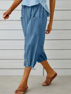 Best Women's Capri Pants Solid Color Chinos Fashion Ethnic Style Basic Calf-Length High Waist Plain Pocket Drawstring Comfort Outdoor Micro-elastic Vacation Street Daily Black White Khaki Light Blue Women Pants