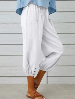 Best Women's Capri Pants Solid Color Chinos Fashion Ethnic Style Basic Calf-Length High Waist Plain Pocket Drawstring Comfort Outdoor Micro-elastic Vacation Street Daily Black White Khaki Light Blue Women Pants