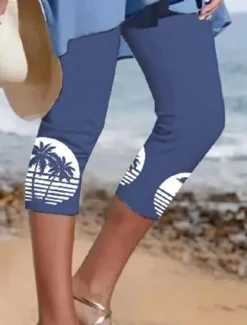 Discount Women's Capri shorts Casual Daily Calf-Length Tree Print Breathability Comfortable Micro-elastic Vacation Weekend White Pink Navy Blue Blue Summer Regular Fit Women Leggings