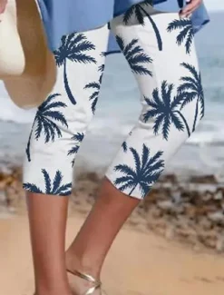 Discount Women's Capri shorts Casual Daily Calf-Length Tree Print Breathability Comfortable Micro-elastic Vacation Weekend White Pink Navy Blue Blue Summer Regular Fit Women Leggings