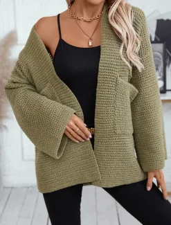Online Women's Cardigan Basic Solid Color Open Front Knitted Long Sleeve Regular Tops Knit Work Army Green Beige Fall Winter Women Cardigans & Outerwears