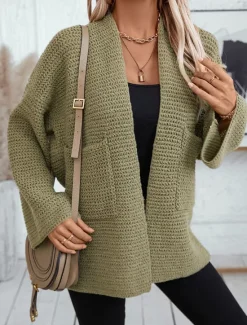 Online Women's Cardigan Basic Solid Color Open Front Knitted Long Sleeve Regular Tops Knit Work Army Green Beige Fall Winter Women Cardigans & Outerwears