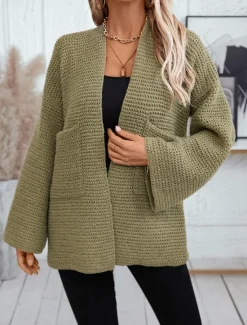 Online Women's Cardigan Basic Solid Color Open Front Knitted Long Sleeve Regular Tops Knit Work Army Green Beige Fall Winter Women Cardigans & Outerwears