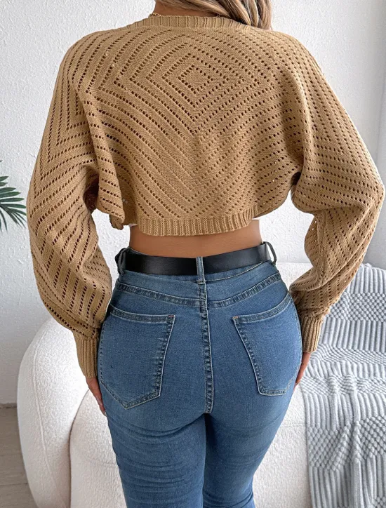 New Women's Cardigan Cable Knit Sweater Streetwear Daily Stylish Pure Color Chunky Crochet Open Front Hollow Out Knitted Raglan Sleeves Lantern Sleeve Long Sleeve Crop Tops Knit Home Party Daily Black Women Cardigans & Outerwears