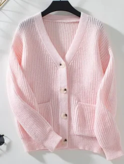 Online Women's Cardigan Casual Pure Color V Neck Knitted Long Sleeve Regular Tops Knit Daily Black Pink Fall Winter Women Pullovers & Tops