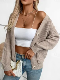 Online Women's Cardigan Casual Pure Color V Neck Knitted Long Sleeve Regular Tops Knit Daily Black Pink Fall Winter Women Pullovers & Tops