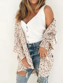 New Women's Cardigan Casual Sweater Casual Soft Paisley Ribbed V Neck Knitted Long Sleeve Regular Tops Knit Outdoor Daily Weekend Fall Winter Women Cardigans & Outerwears