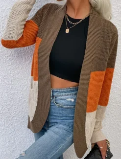 Discount Women's Cardigan Casual Sweater Casual Soft Color Block V Neck Knitted Long Sleeve Regular Tops Knit Outdoor Daily Weekend Blue Brown Fall Winter Women Cardigans & Outerwears