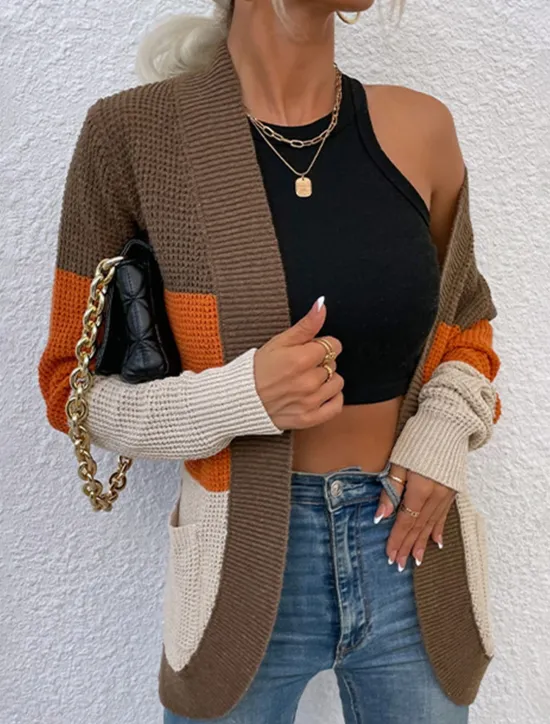 Discount Women's Cardigan Casual Sweater Casual Soft Color Block V Neck Knitted Long Sleeve Regular Tops Knit Outdoor Daily Weekend Blue Brown Fall Winter Women Cardigans & Outerwears
