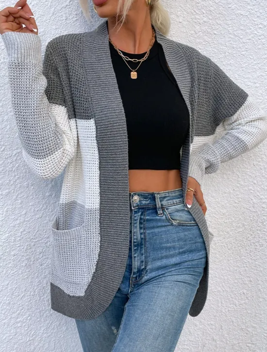 Discount Women's Cardigan Casual Sweater Casual Soft Color Block V Neck Knitted Long Sleeve Regular Tops Knit Outdoor Daily Weekend Blue Brown Fall Winter Women Cardigans & Outerwears