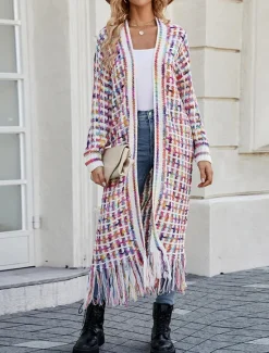 Outlet Women's Cardigan Casual Sweater Casual Soft Geometric Ribbed V Neck Tassel Knitted Long Sleeve Regular Tops Knit Outdoor Daily Weekend Black Pink Fall Winter Women Cardigans & Outerwears