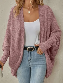 Clearance Women's Cardigan Coat Casual Solid Color Ribbed Open Front Knitted Batwing Sleeve Long Sleeve Regular Tops Knit Daily Pink Blue Spring Fall Women Cardigans & Outerwears